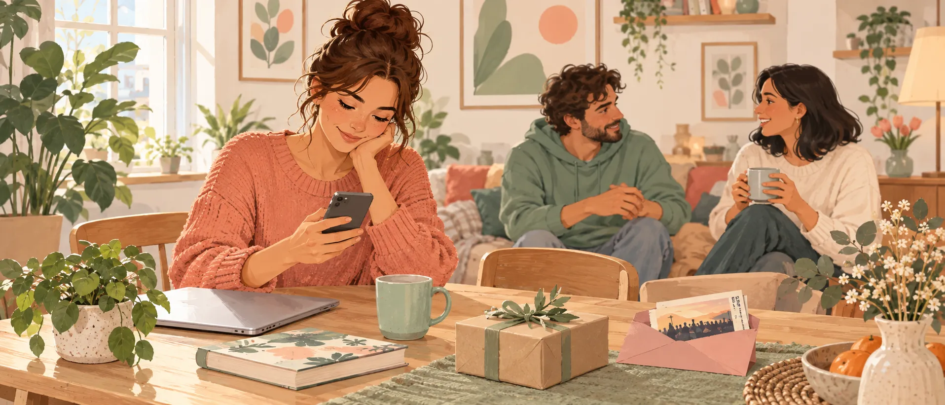Illustration einer jungen Frau, die zu Hause eine Online-Wunschliste erstellt und Geschenkideen mit Familie und Freunden teilt