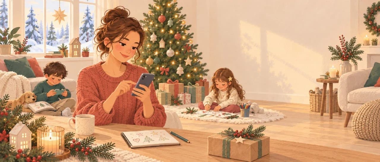 Familie erstellt gemeinsam eine Weihnachtswunschliste am Küchentisch